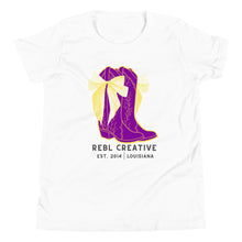 Load image into Gallery viewer, Bows and Boots Youth Short Sleeve Tee - Purple and Yellow
